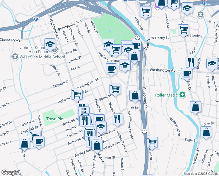 map of restaurants, bars, coffee shops, grocery stores, and more near 265 Congress Avenue in Waterbury