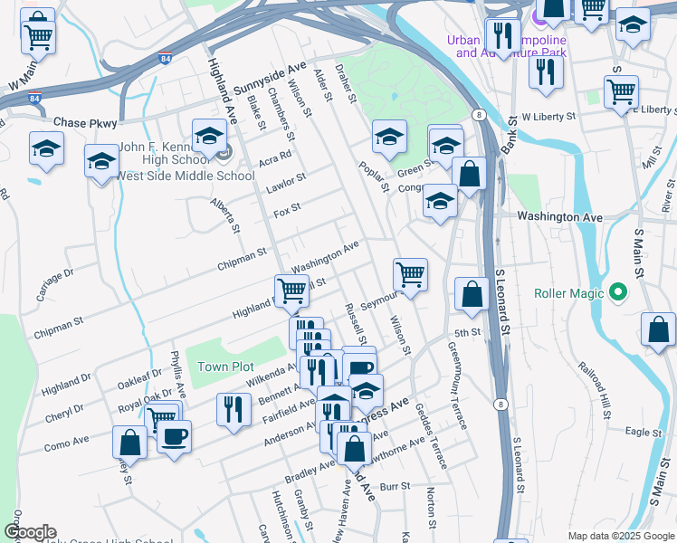 map of restaurants, bars, coffee shops, grocery stores, and more near 557 Washington Avenue in Waterbury