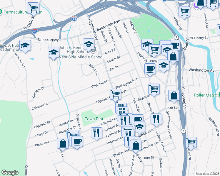 map of restaurants, bars, coffee shops, grocery stores, and more near 561 Highland Avenue in Waterbury