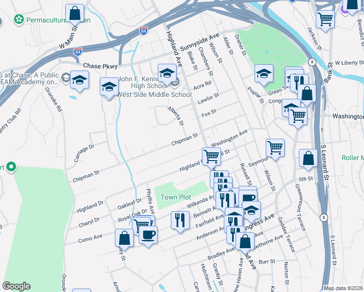 map of restaurants, bars, coffee shops, grocery stores, and more near 163 Chipman Street in Waterbury