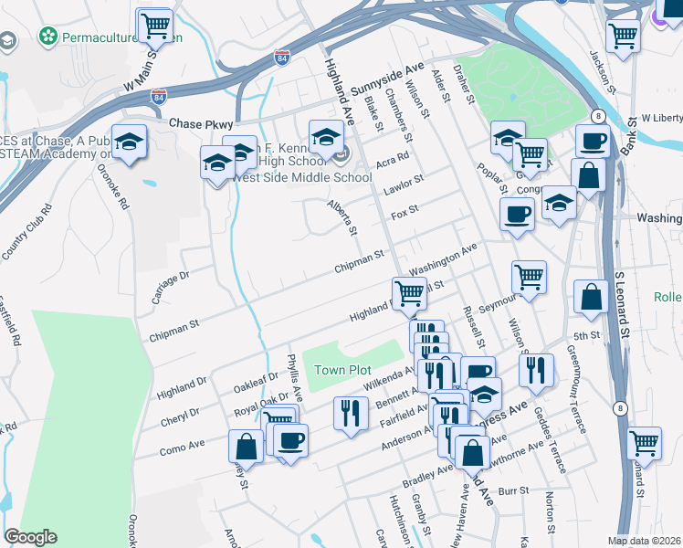 map of restaurants, bars, coffee shops, grocery stores, and more near 222 Chipman Street in Waterbury