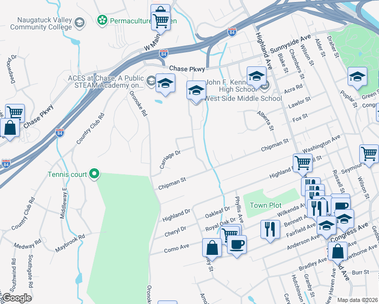 map of restaurants, bars, coffee shops, grocery stores, and more near 97 Old Colony Drive in Waterbury