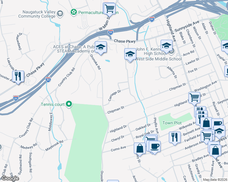 map of restaurants, bars, coffee shops, grocery stores, and more near 76 Partridge Drive in Waterbury