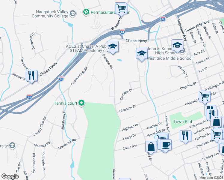 map of restaurants, bars, coffee shops, grocery stores, and more near 135 Eastridge Drive in Waterbury