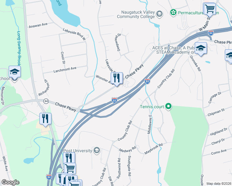 map of restaurants, bars, coffee shops, grocery stores, and more near 993 Chase Parkway in Waterbury