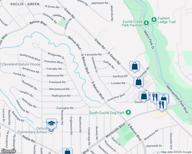 map of restaurants, bars, coffee shops, grocery stores, and more near 341 Greenvale Road in Cleveland
