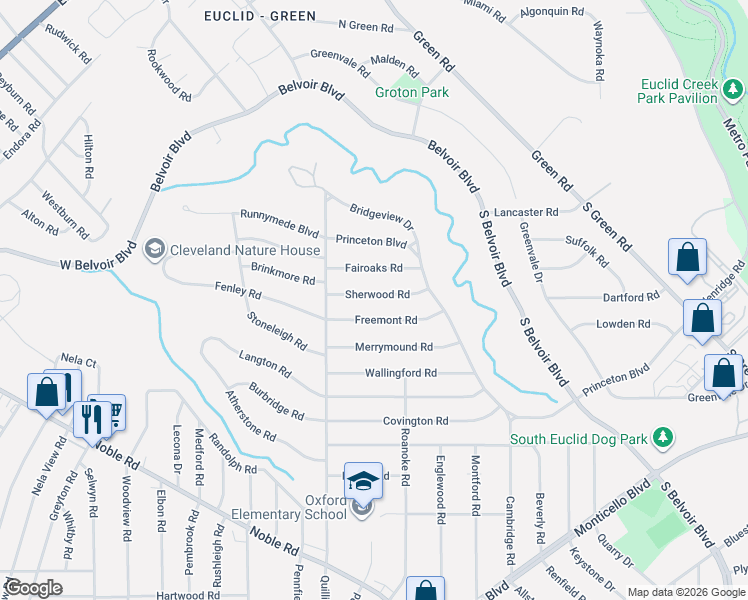 map of restaurants, bars, coffee shops, grocery stores, and more near 3779 Sherwood Road in South Euclid