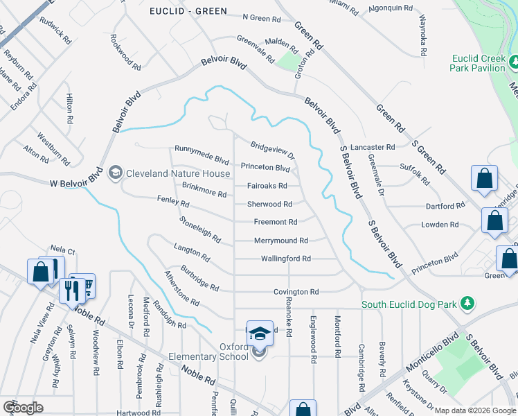 map of restaurants, bars, coffee shops, grocery stores, and more near 3779 Sherwood Road in South Euclid
