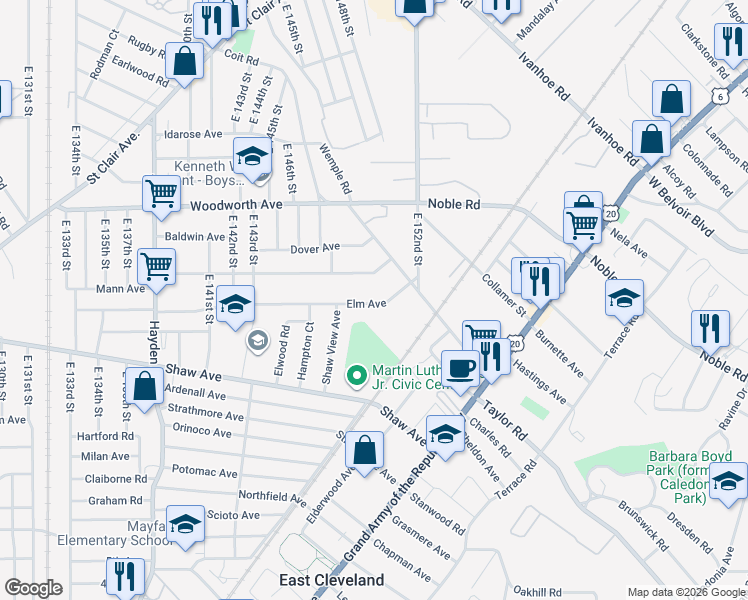 map of restaurants, bars, coffee shops, grocery stores, and more near 14812 Alder Avenue in East Cleveland