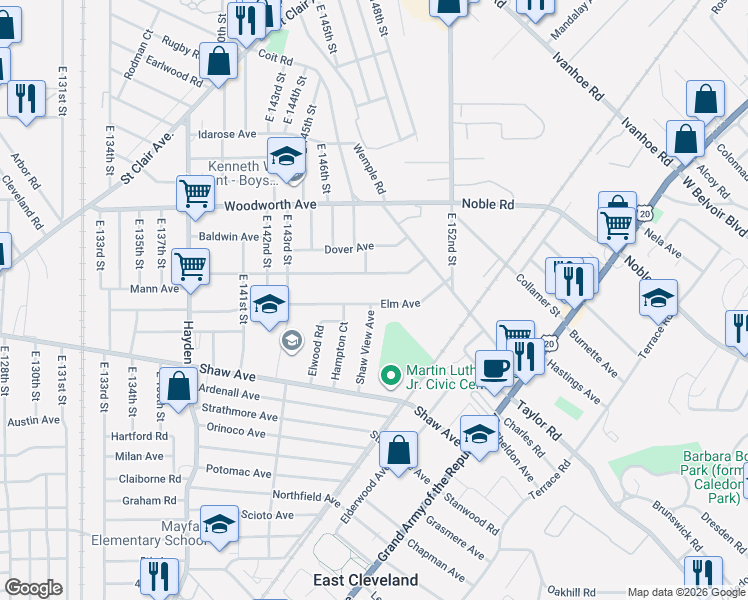 map of restaurants, bars, coffee shops, grocery stores, and more near 14620 Alder Avenue in East Cleveland