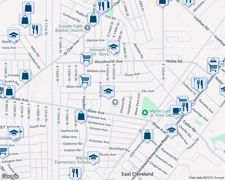 map of restaurants, bars, coffee shops, grocery stores, and more near 1321 East 143rd Street in East Cleveland