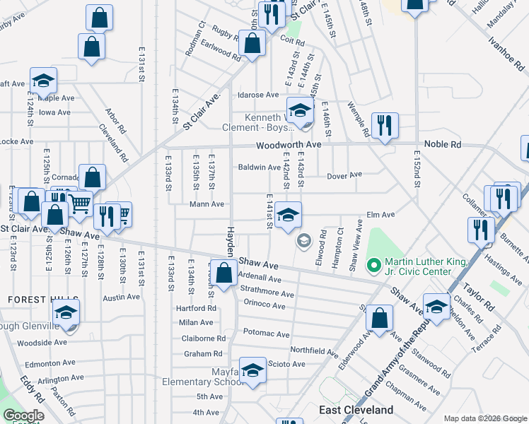 map of restaurants, bars, coffee shops, grocery stores, and more near 14002 Alder Avenue in East Cleveland
