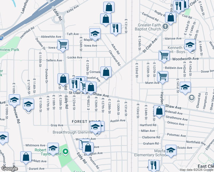 map of restaurants, bars, coffee shops, grocery stores, and more near 12615 Saint Clair Avenue in Cleveland
