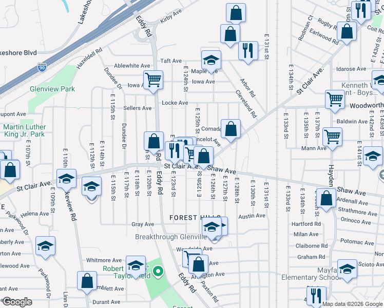 map of restaurants, bars, coffee shops, grocery stores, and more near 539 East 124th Street in Cleveland