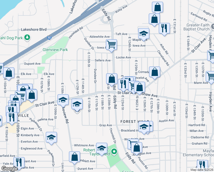 map of restaurants, bars, coffee shops, grocery stores, and more near 536 Eddy Road in Cleveland