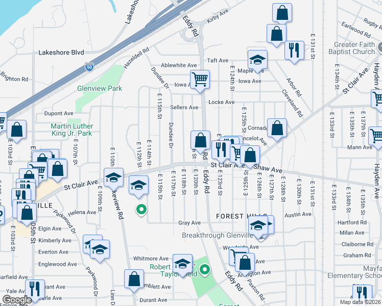 map of restaurants, bars, coffee shops, grocery stores, and more near 536 East 118th Street in Cleveland