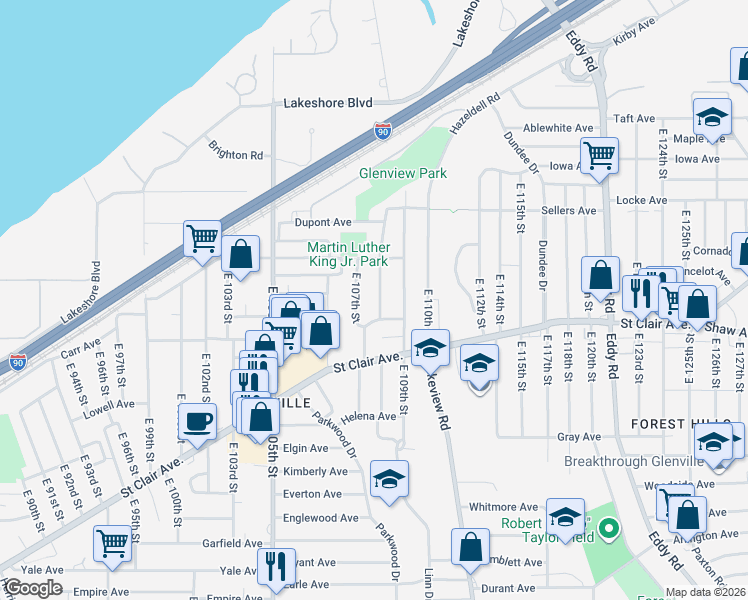 map of restaurants, bars, coffee shops, grocery stores, and more near 543 East 108th Street in Cleveland