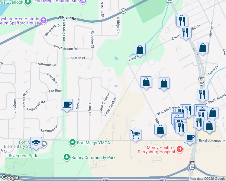 map of restaurants, bars, coffee shops, grocery stores, and more near 1382 Seneca Creek Court in Perrysburg