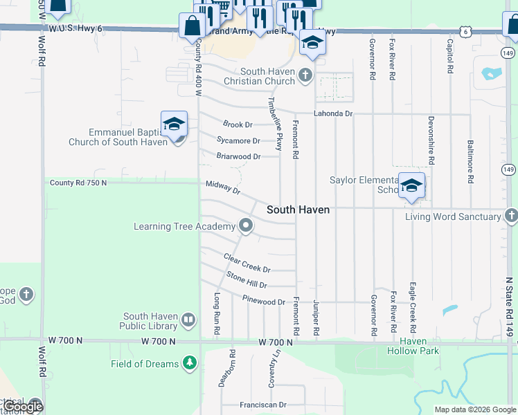 map of restaurants, bars, coffee shops, grocery stores, and more near 375-389 Midway Drive in Valparaiso