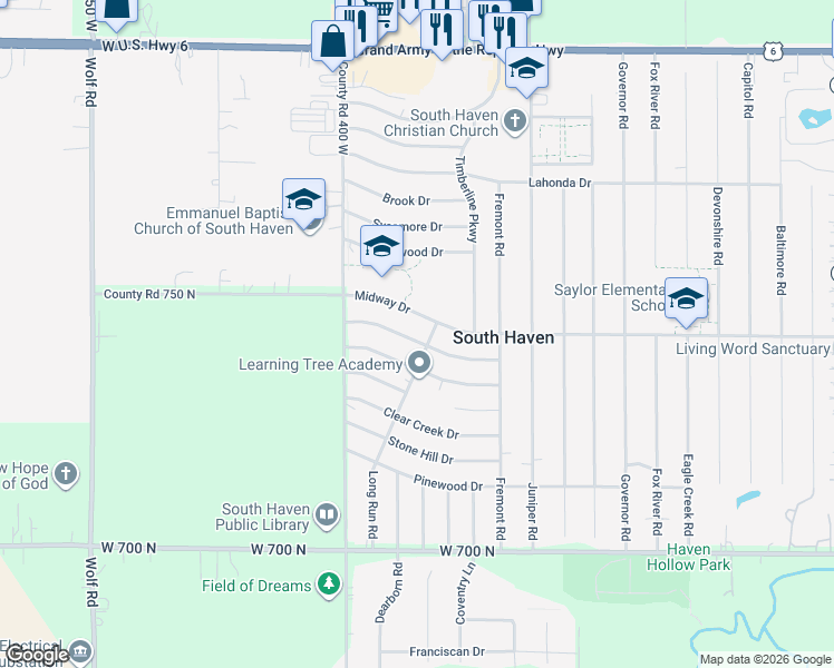 map of restaurants, bars, coffee shops, grocery stores, and more near 390-398 Midway Dr in Valparaiso