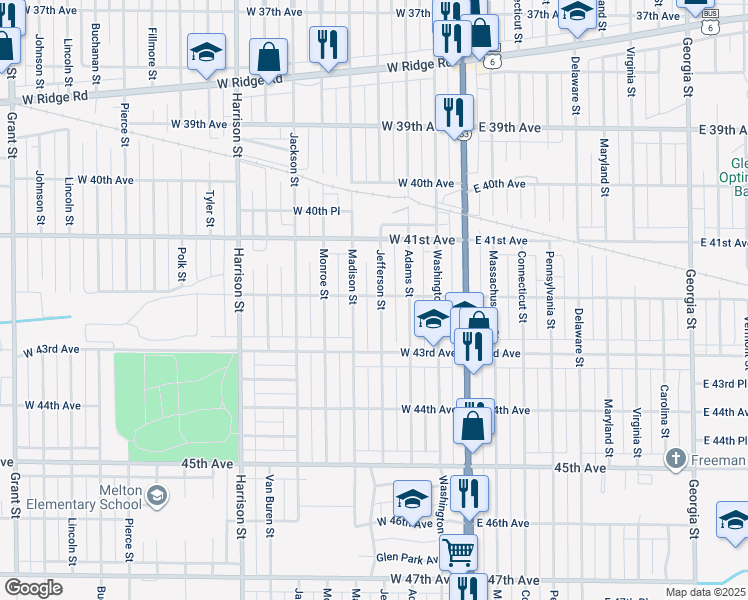 map of restaurants, bars, coffee shops, grocery stores, and more near 300 West 42nd Avenue in Gary