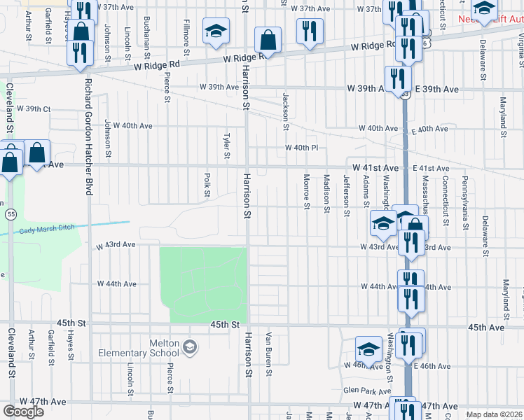 map of restaurants, bars, coffee shops, grocery stores, and more near 4184 Van Buren Street in Gary