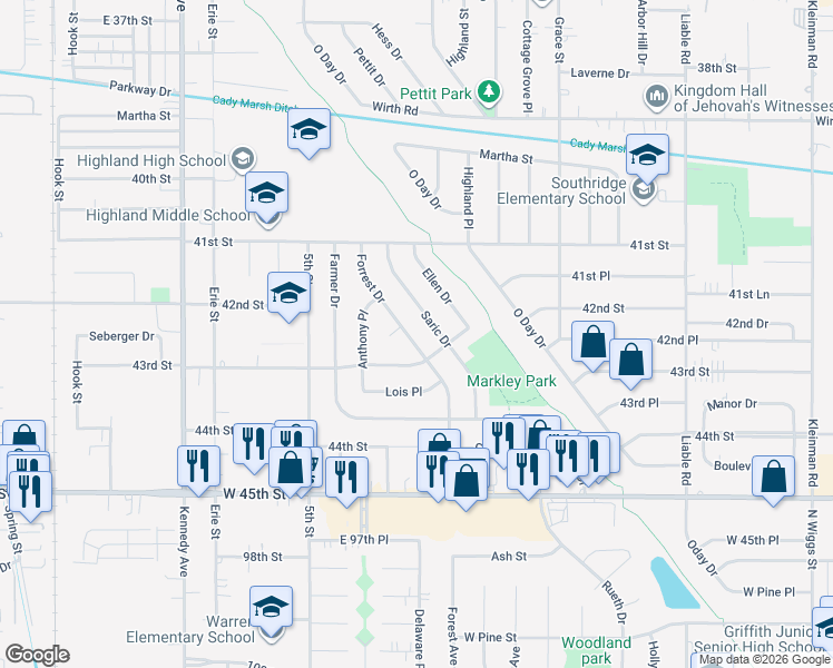 map of restaurants, bars, coffee shops, grocery stores, and more near 9423 Forrest Dr in Highland