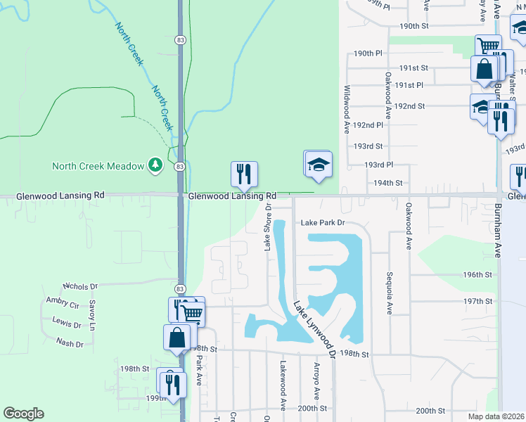 map of restaurants, bars, coffee shops, grocery stores, and more near 2597 Glenwood Lansing Road in Lynwood
