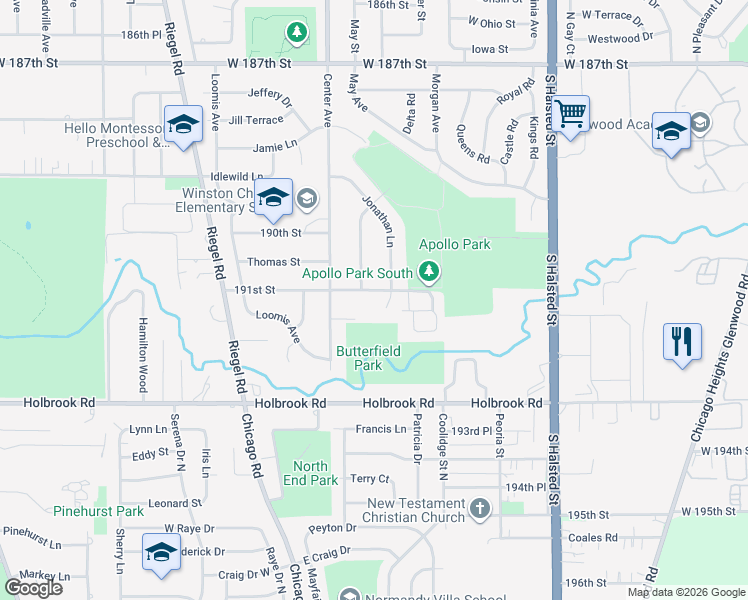 map of restaurants, bars, coffee shops, grocery stores, and more near 1118 191st Street in Homewood