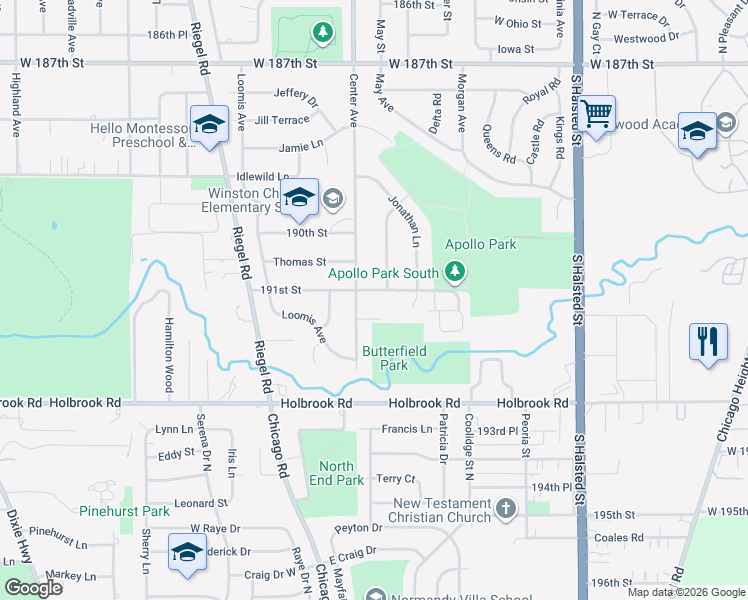 map of restaurants, bars, coffee shops, grocery stores, and more near 1150 191st Street in Homewood