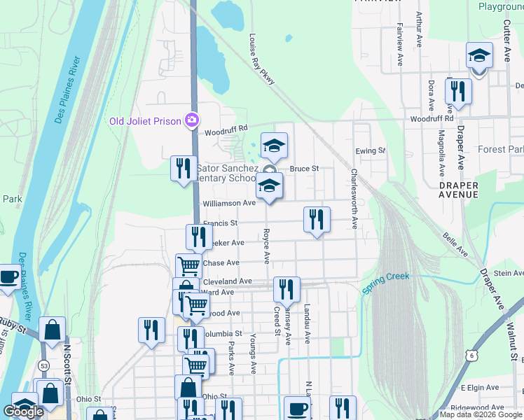 map of restaurants, bars, coffee shops, grocery stores, and more near 960 Royce Avenue in Joliet