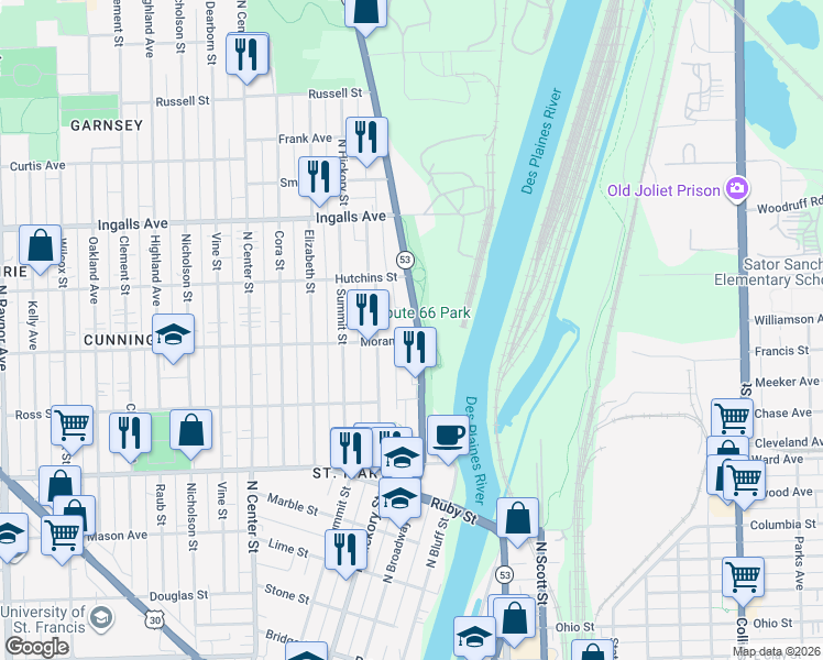 map of restaurants, bars, coffee shops, grocery stores, and more near 1011 North Broadway Street in Joliet