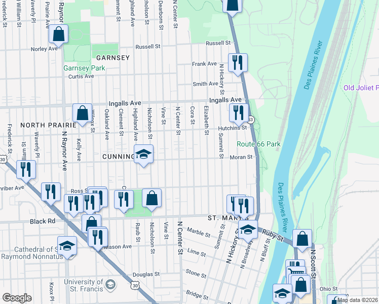 map of restaurants, bars, coffee shops, grocery stores, and more near 1014 Cora Street in Joliet