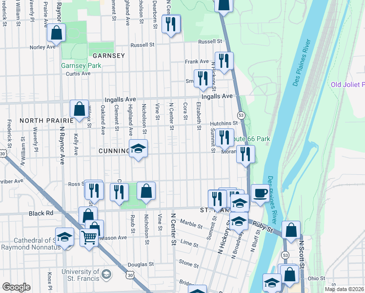 map of restaurants, bars, coffee shops, grocery stores, and more near 1014 Cora Street in Joliet