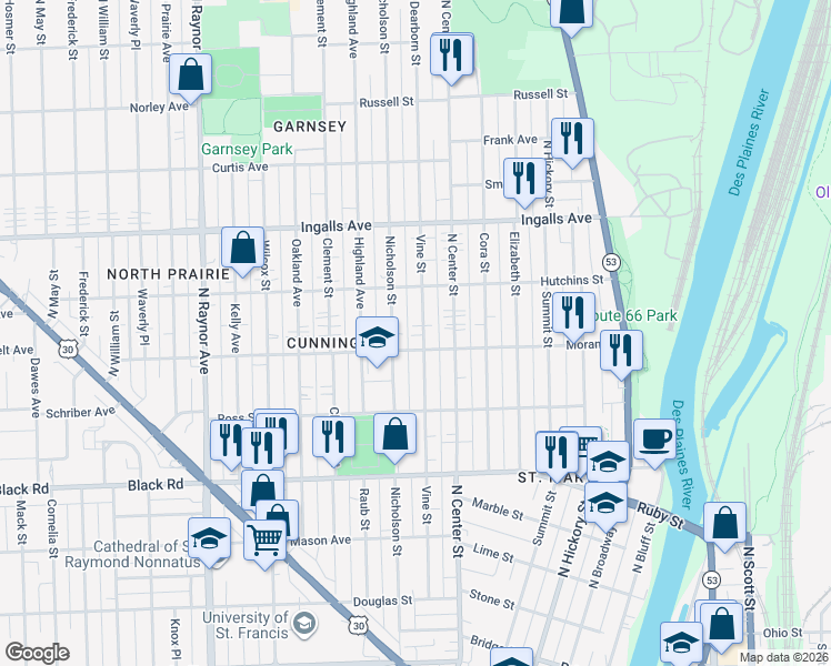 map of restaurants, bars, coffee shops, grocery stores, and more near 1011 Vine Street in Joliet