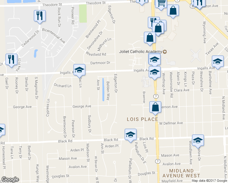 map of restaurants, bars, coffee shops, grocery stores, and more near 1018 Edgerton Drive in Joliet