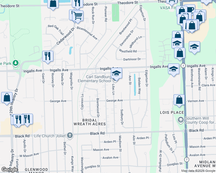 map of restaurants, bars, coffee shops, grocery stores, and more near 1100 Pearson Drive in Joliet