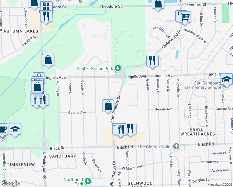 map of restaurants, bars, coffee shops, grocery stores, and more near 1107 129th Infantry Drive in Joliet