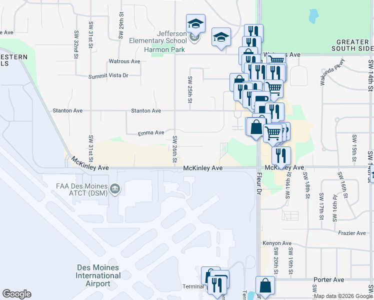 map of restaurants, bars, coffee shops, grocery stores, and more near 2501 Herold Avenue in Des Moines