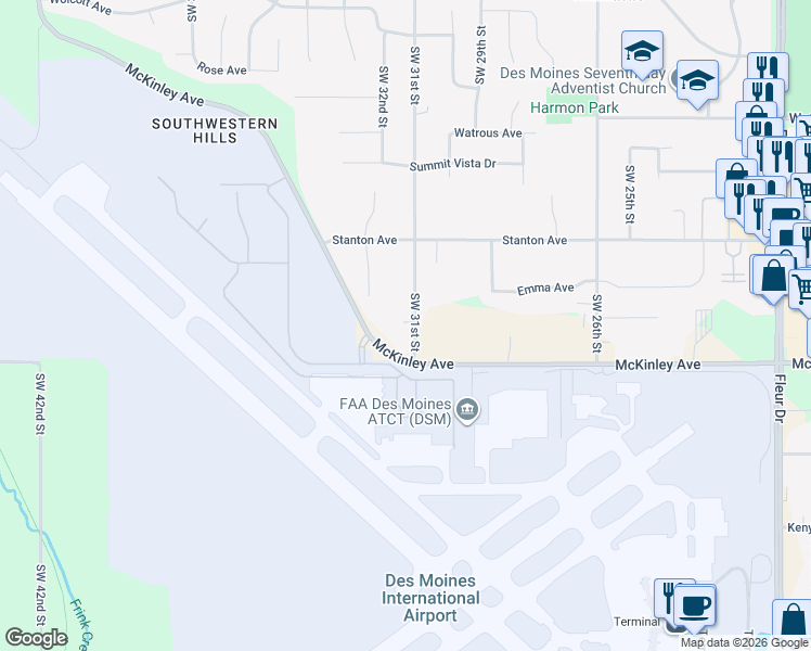 map of restaurants, bars, coffee shops, grocery stores, and more near 4504 Southwest 31st Street in Des Moines