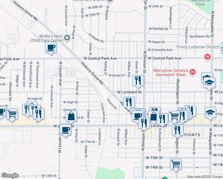 map of restaurants, bars, coffee shops, grocery stores, and more near 2221 Hickory Grove Road in Davenport