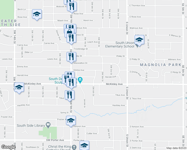 map of restaurants, bars, coffee shops, grocery stores, and more near 4612 Southwest 6th Street in Des Moines