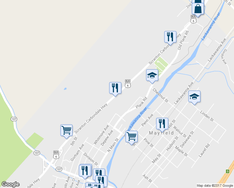 map of restaurants, bars, coffee shops, grocery stores, and more near Scranton Carbondale Highway in Mayfield