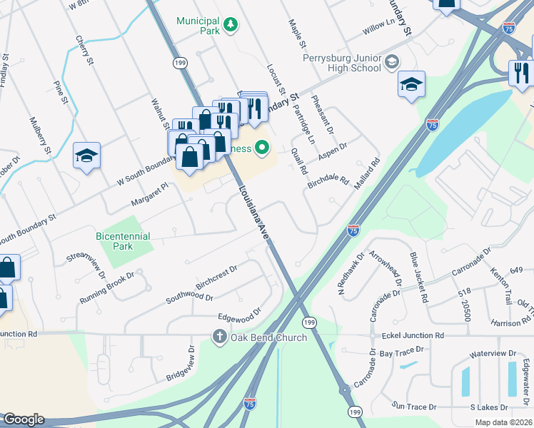 map of restaurants, bars, coffee shops, grocery stores, and more near 106 Foxhill Lane in Perrysburg