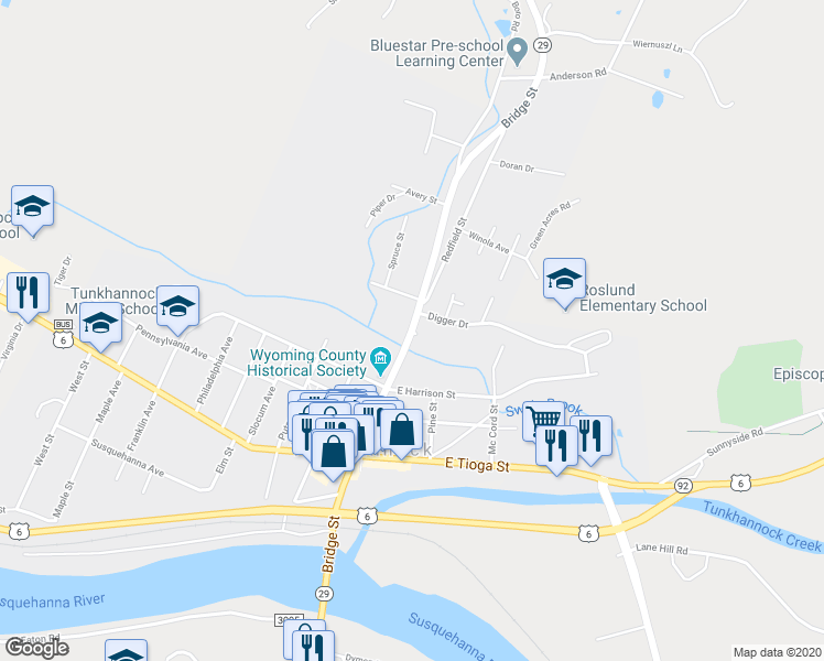 map of restaurants, bars, coffee shops, grocery stores, and more near 173 Bridge Street in Tunkhannock