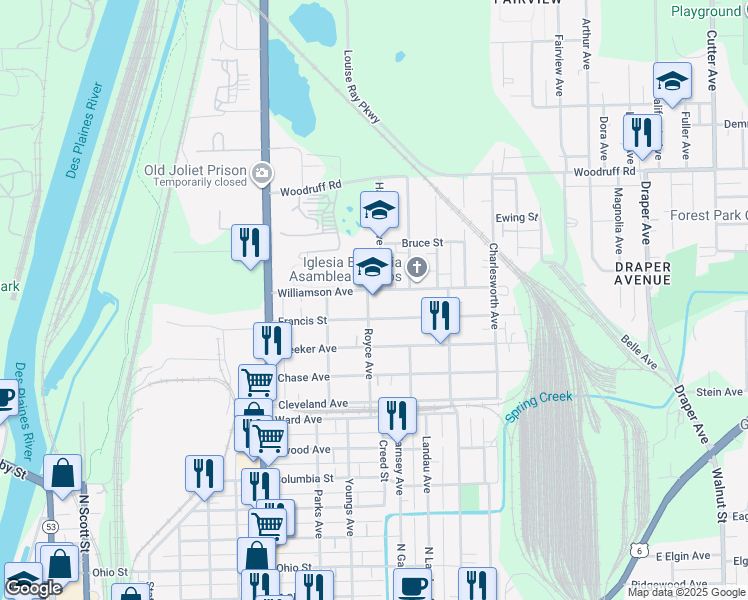 map of restaurants, bars, coffee shops, grocery stores, and more near 960 Royce Avenue in Joliet