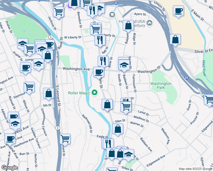 map of restaurants, bars, coffee shops, grocery stores, and more near 80 Lounsbury Avenue in Waterbury