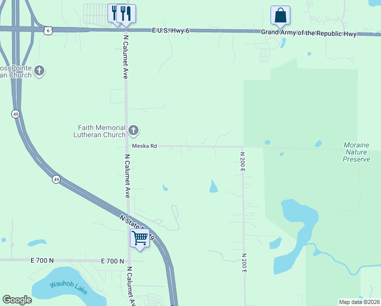 map of restaurants, bars, coffee shops, grocery stores, and more near 185 Meska Road in Valparaiso