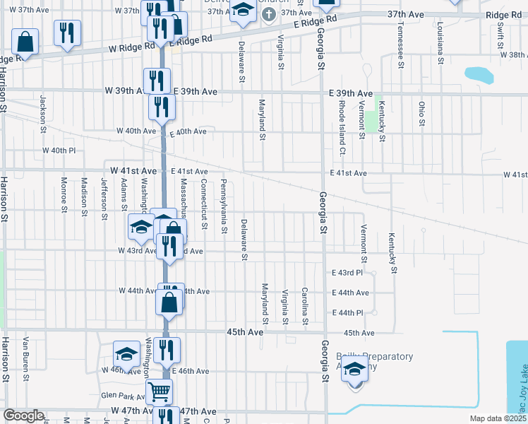 map of restaurants, bars, coffee shops, grocery stores, and more near 4199 Maryland Street in Gary
