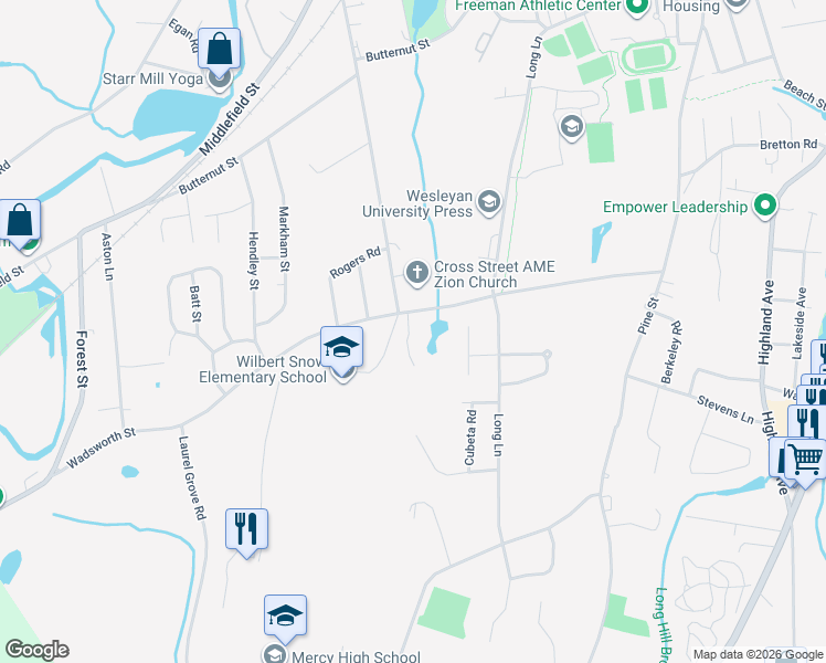 map of restaurants, bars, coffee shops, grocery stores, and more near 45 McKenna Drive in Middletown
